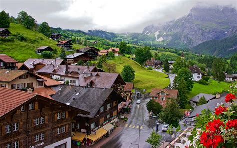 Wallpaper Grindelwald, Switzerland, town, road, valley, mountains, trees, clouds 2560x1600 ...