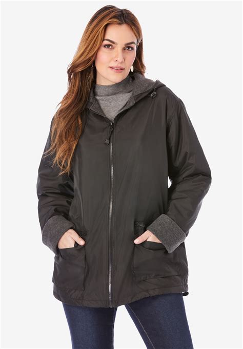 Hooded Nylon Jacket with Fleece Lining| Plus Size Jackets | Roaman's