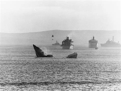 The remains of HMS Antelope, San Carlos Water, after a 1,000 lb bomb ...