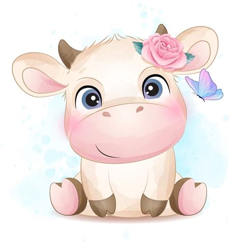 Premium Vector | Cute little cow with watercolor illustration