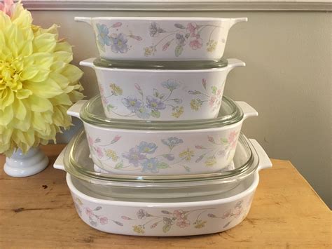 Pastel Bouquet Vintage Corningware 3 Casseroles & Roaster and 3 Lids 1 Quart, 1.5 Quart, 2 Quart ...