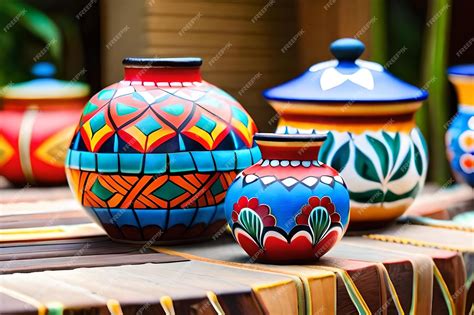 Premium AI Image | Colorful pottery on a table with colorful tiles