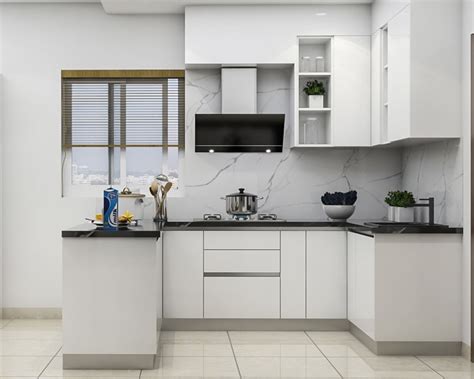 Modular Kitchen Design With Spacious White Cabinets - 10X10 Ft | Livspace