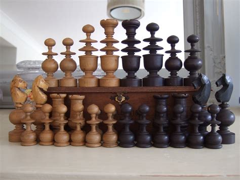 LARGE SIZE Antique French REGENCE PATTERN Turned wood wooden CHESS PIECES, Set Wood Chess Board ...