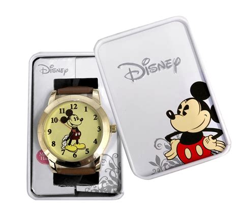 Disney Men MK1448 Classic Gold Tone Brown Strap Mickey Mouse Hands ...