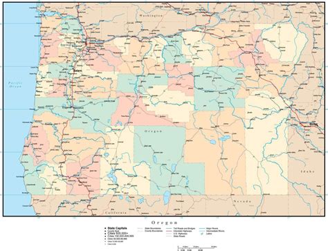 Oregon Adobe Illustrator Map with Counties, Cities, County Seats, Major Roads