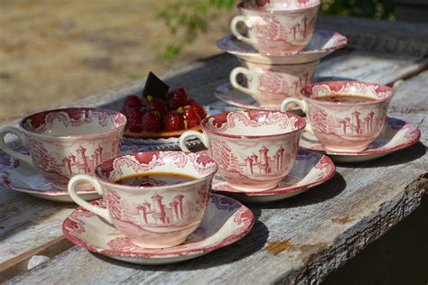 Antique Tea Cups & Saucers Set — French Antiques Vintage French Decor French Linens Cafe au Lait ...