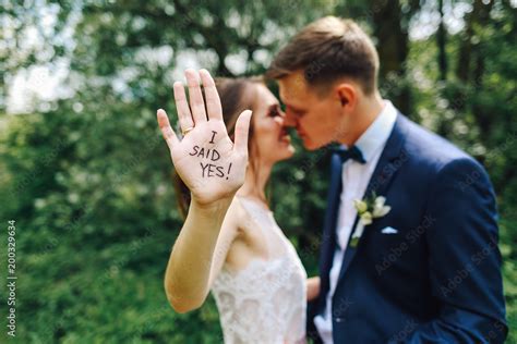 Funny wedding picture.Bride and groom. I sad yes Stock Photo | Adobe Stock