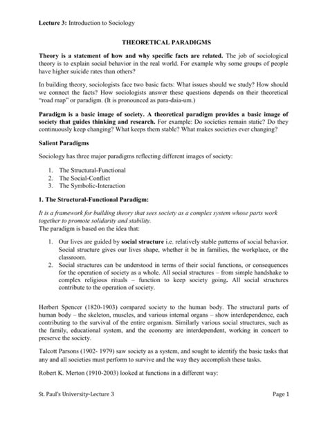 Lecture 3: Introduction to Sociology THEORETICAL PARADIGMS