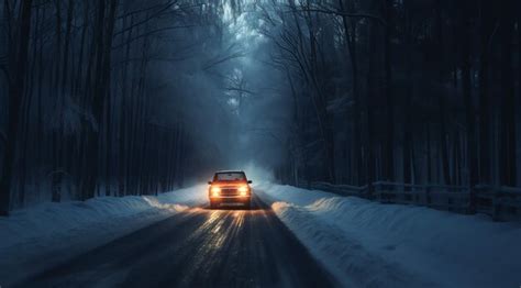 Premium AI Image | A car driving on a snowy road with the lights on