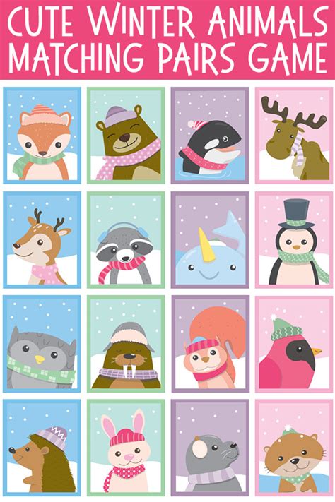 Winter Animal Matching Pairs Game. Free Printable Memory Cards.