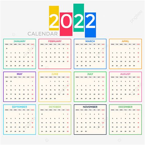 2022 Calendar All Months With Multicolor, Calendar 2022, Month Days, Calendar PNG and Vector ...