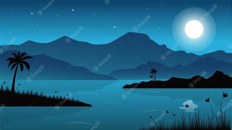 Premium Vector | Night lake landscape view vector design illustration