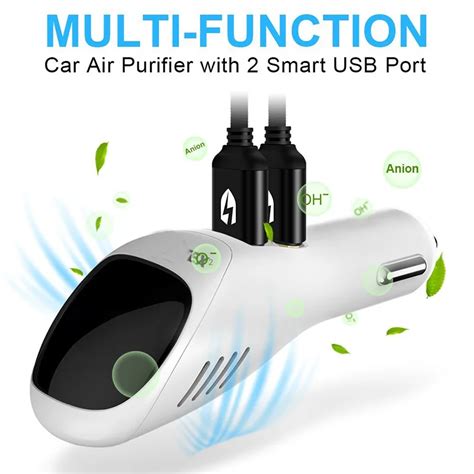 Car Air Purifier and Car Charger 2 in 1 Ionic Air Cleaner Ionizer with 2 USB Port Smart Car ...