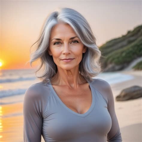 Grey-Haired Fit Woman at Sunset Beach | Stable Diffusion Online