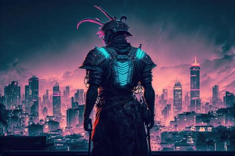 Premium Photo | Image of a samurai standing on a rooftop with a night ...