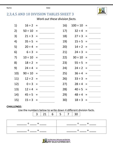 Division Facts Worksheets