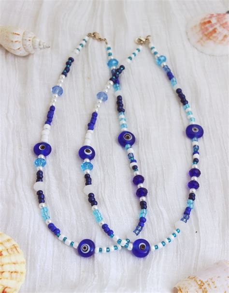 Evil Eye Blue White Necklace-evil Eye Jewelry-beaded Necklace-blue ...