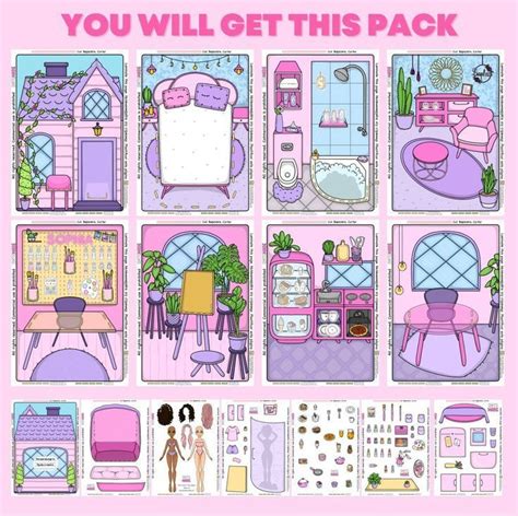 an image of a dollhouse with furniture and accessories in pink, purple ...