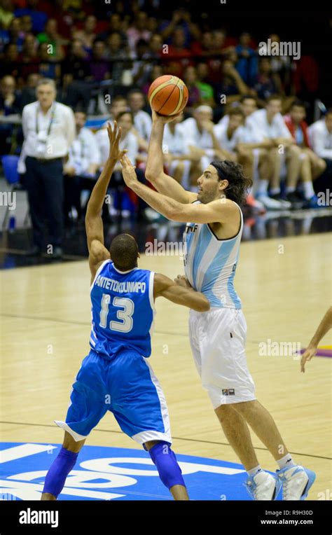 Luis Scola (Argentina) scoring against Giannis Antetokounmpo (Greece). FIBA Basketball World Cup ...