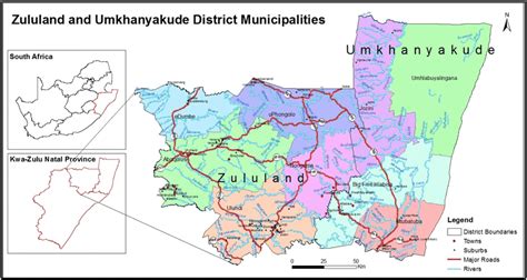 Map of Umkhanyakude and Zululand Districts, KwaZulu-Natal province ...