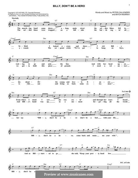 Billy, Don't Be a Hero (Paper Lace) by M. Murray - sheet music on MusicaNeo