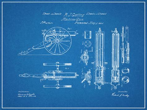 1865 Gatling Machine Gun Blueprint Patent Print Drawing by Greg Edwards - Fine Art America