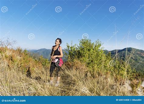 Equipped Woman Hiking in a High Autumn Mountain Stock Photo - Image of ...