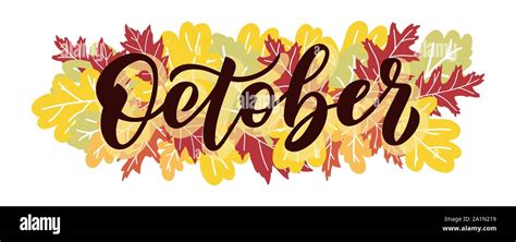 October, vector script with decorative white and red oak leaves ...