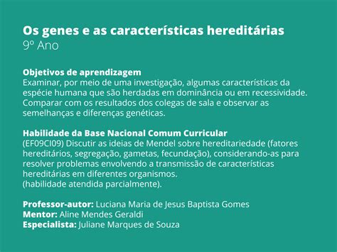 Plano de aula - 9o ano - Os genes e as características hereditárias