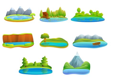 Premium Vector | Lake icon set, cartoon style