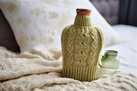 Premium AI Image | Hot water bottle in a knitted cover on a bed