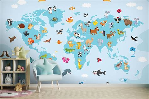 World Map Animals Kids Map Blue Wallpaper Mural - Decorsmarket ...