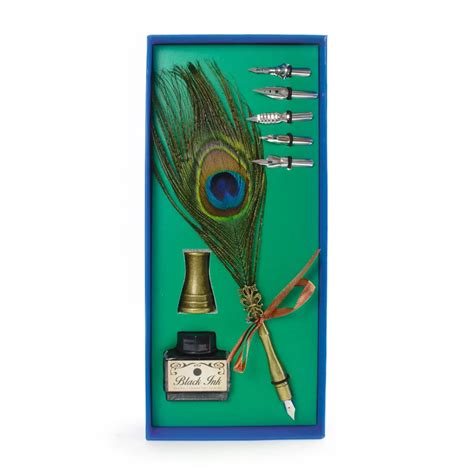 Calligraphy fountain pen set with peacock feather and ink - Museumshop The Hague