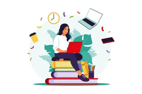 Premium Vector | Student woman with laptop studying on online course. Online education concept ...