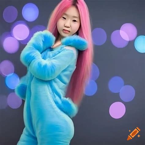 Girl in pink fur onesie with long pink hair