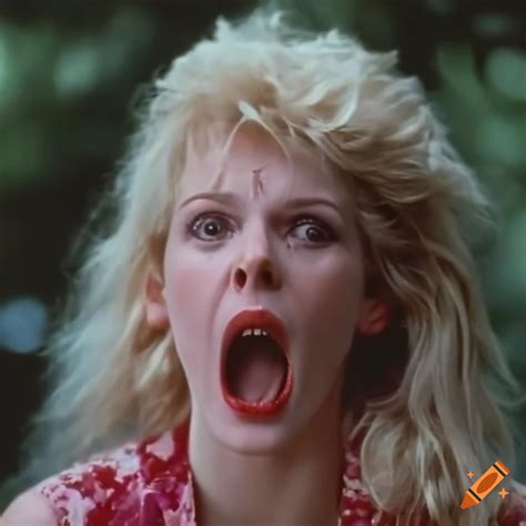 Close-up still from a 80s horror movie with a scared blonde woman on Craiyon