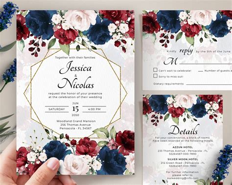 Invitations & Announcements Burgundy Wedding Invitation Suite Template Floral Wedding Invitation ...