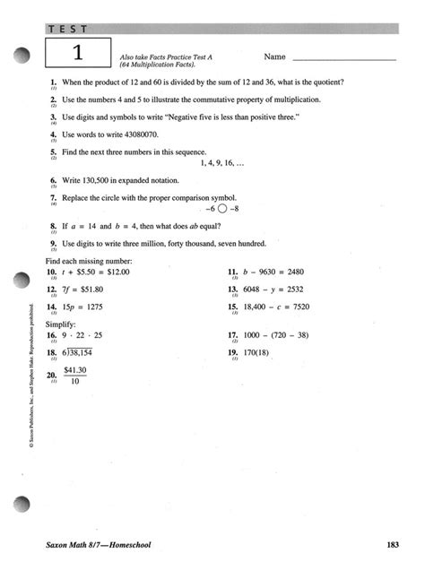 Saxon Math 8 7 Tests And Worksheets