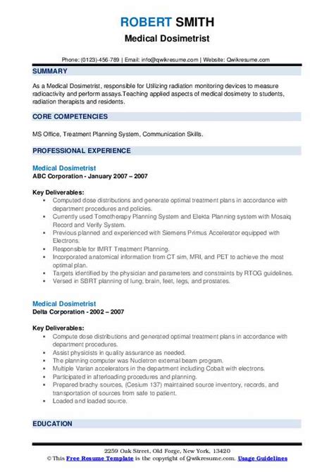 Medical Dosimetrist Resume Samples | QwikResume