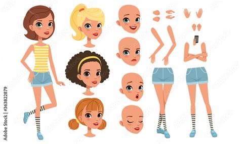 Cute Girl Constructor for Animation, Pretty Female Character in Various Poses and Hairstyles ...