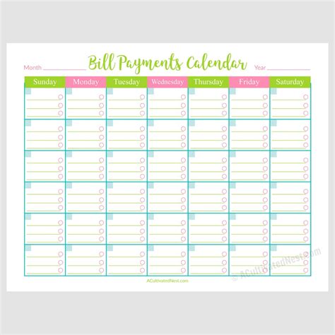 Monthly Bill Calendar Template Download | PDF Template