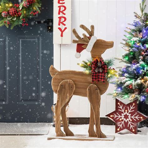 Glitzhome 36 in. H Chunky Wood Reindeer Porch Decor Christmas Yard Decor (KD) 2010100047 - The ...