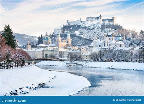 Salzburg Skyline With Festung Hohensalzburg And River Salzach In Winter ...