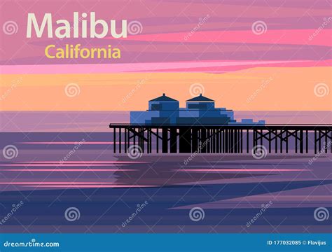 Malibu Pier at Sunset in California, United States Stock Vector ...