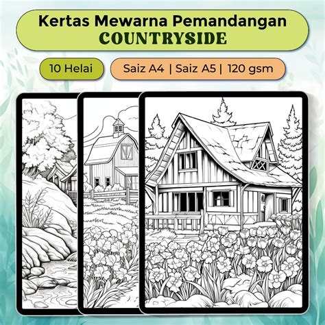 Kertas Mewarna Pemandangan Countryside 120gsm Size A4 Size A5 Coloring ...