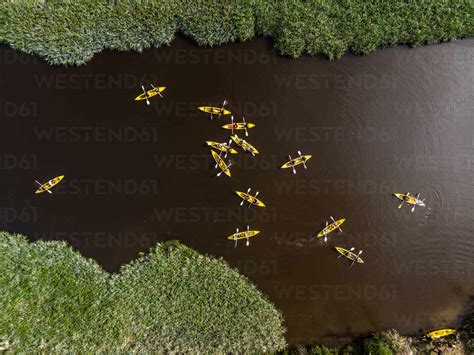 Aerial view of yellow kayaks on Riviersonderend river, Western Cape, South Africa stock photo