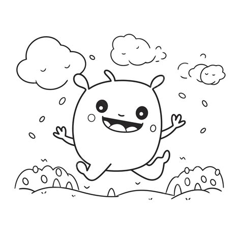 Little Cartoon Monster Jumping To The Clouds Coloring Page Outline Sketch Drawing Vector ...