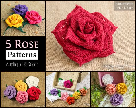 5 Crochet Rose Pattern Bundle All Sizes Mini to Large