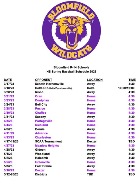 2023 Bloomfield High School Baseball Schedule